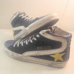 GOLDEN GOOSE DELUXE SLIDE High Top Sneakers Navy Suede Reptile Embossed W38/8